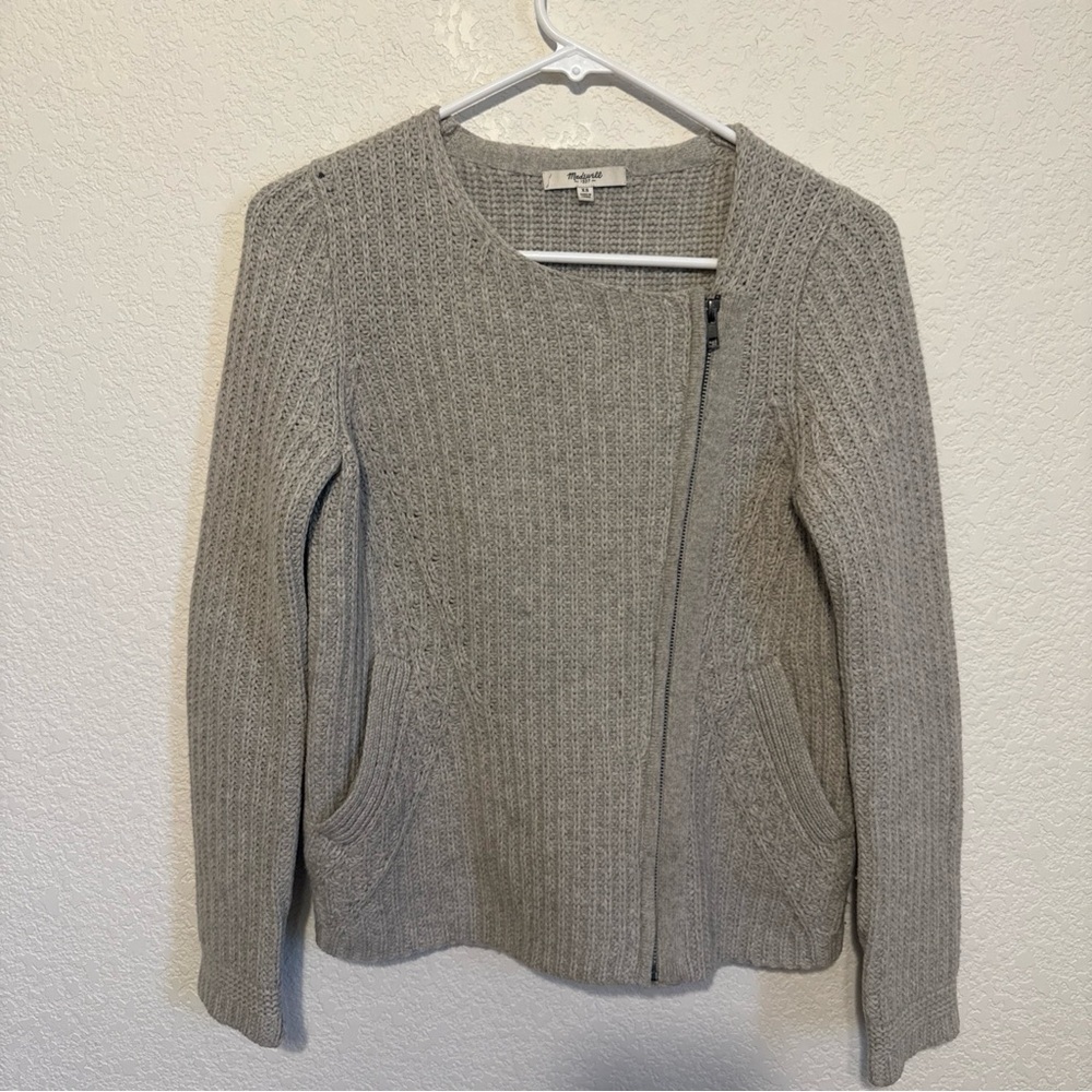 MADEWELL Merino Wool Sweater Asymmetrical Zipper Moto Light Gray